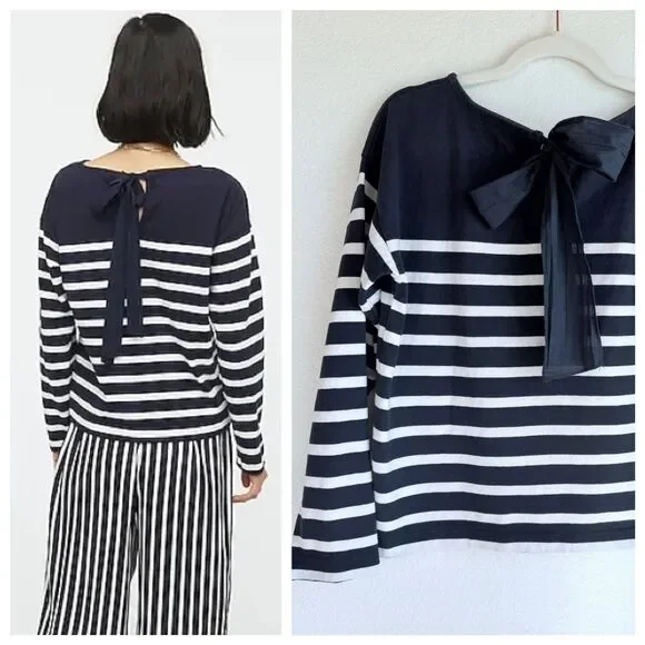 J.Crew Women's Mariner Cloth Bow Back Striped Long Sleeve Top in Navy & White S - Picture 1 of 12